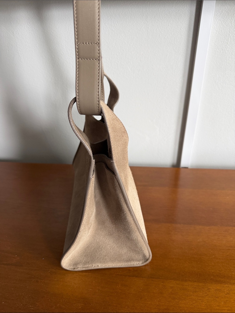 Cuyana Double Loop Bag Suede Neutral Tan Gray Crossbody Shoulder Bag - Picture 10 of 12